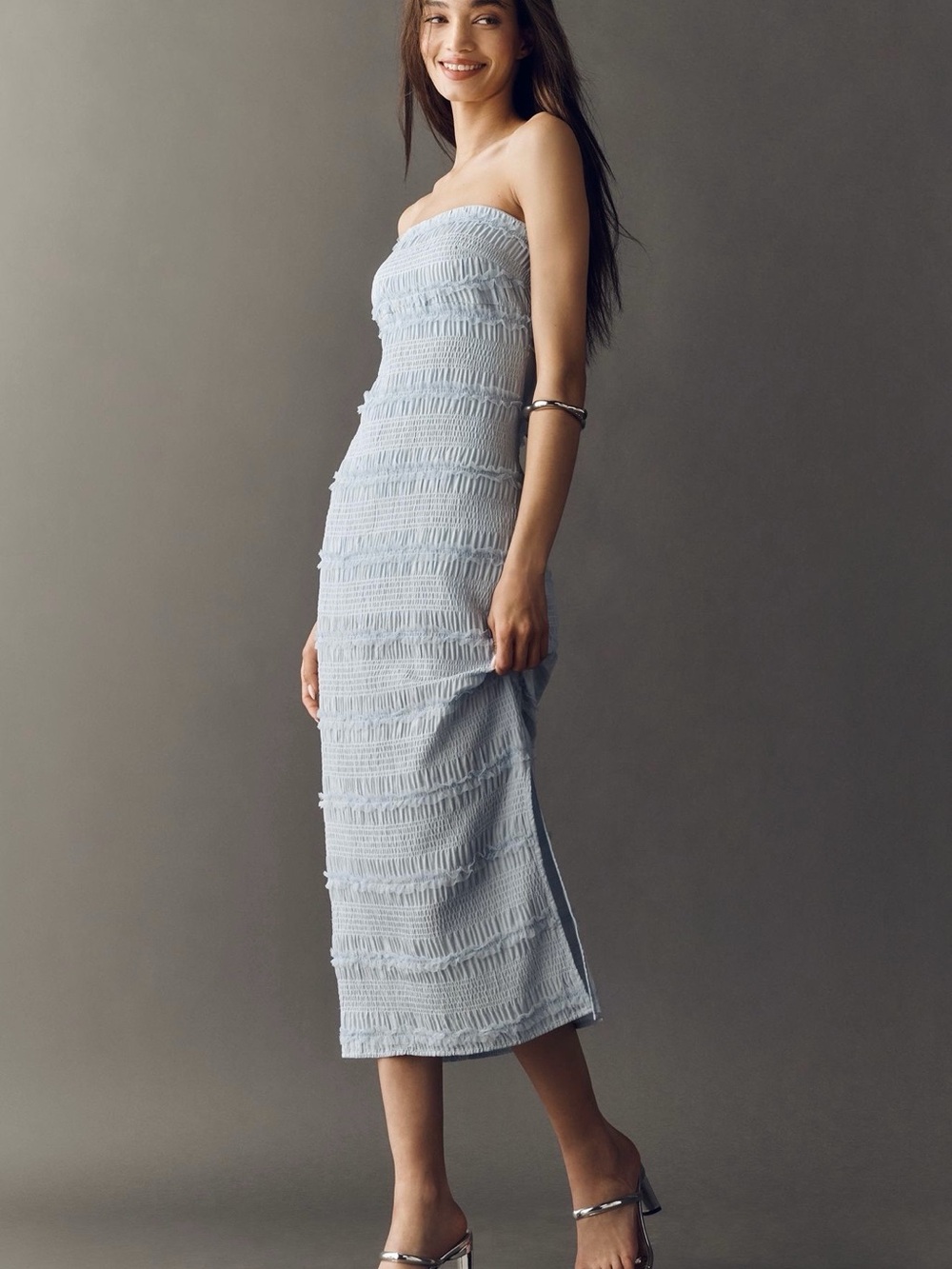 Anthropologie Strapless Pale Blue Textured Midi Dress